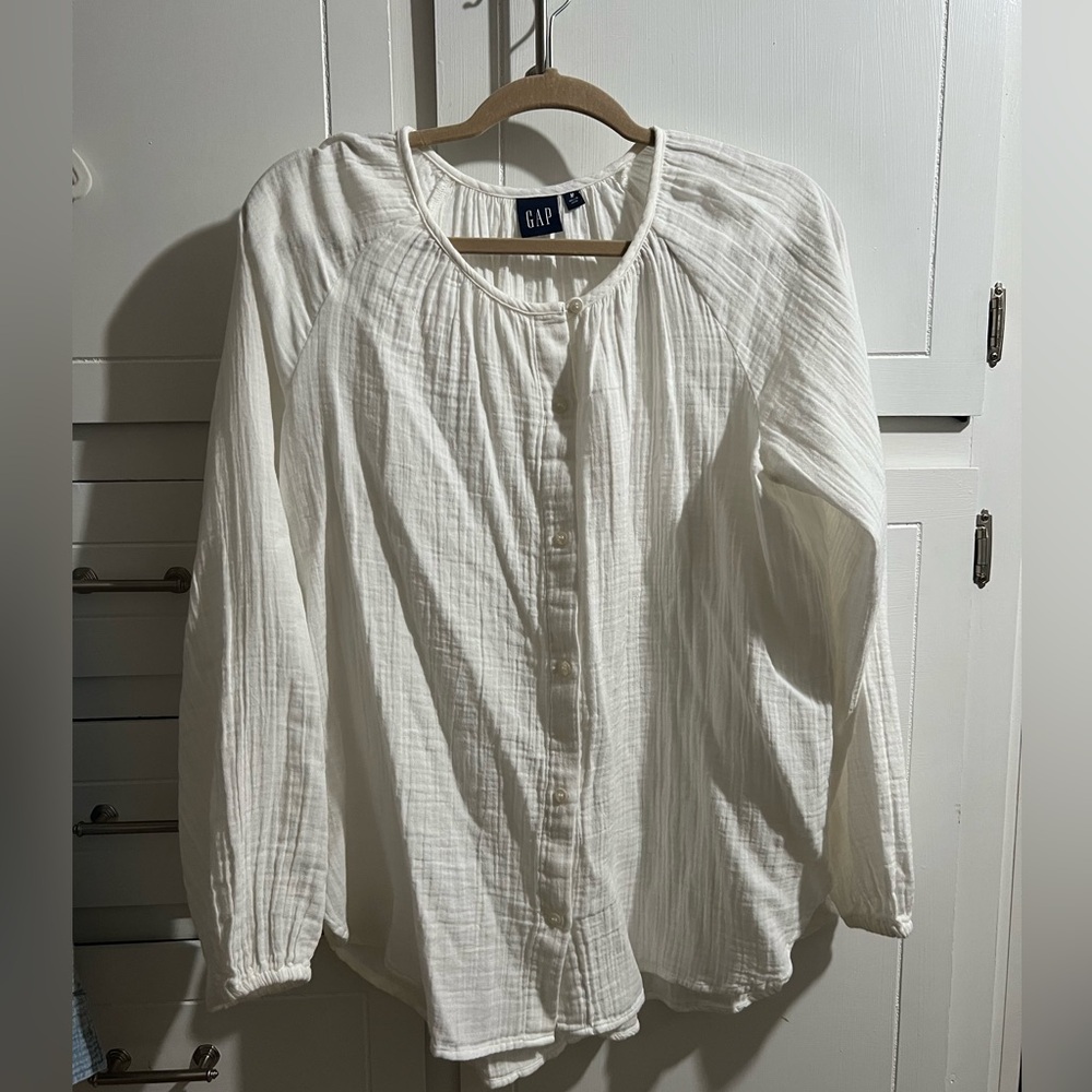 GAP White Puff Sleeve Blouse with Bib Collar